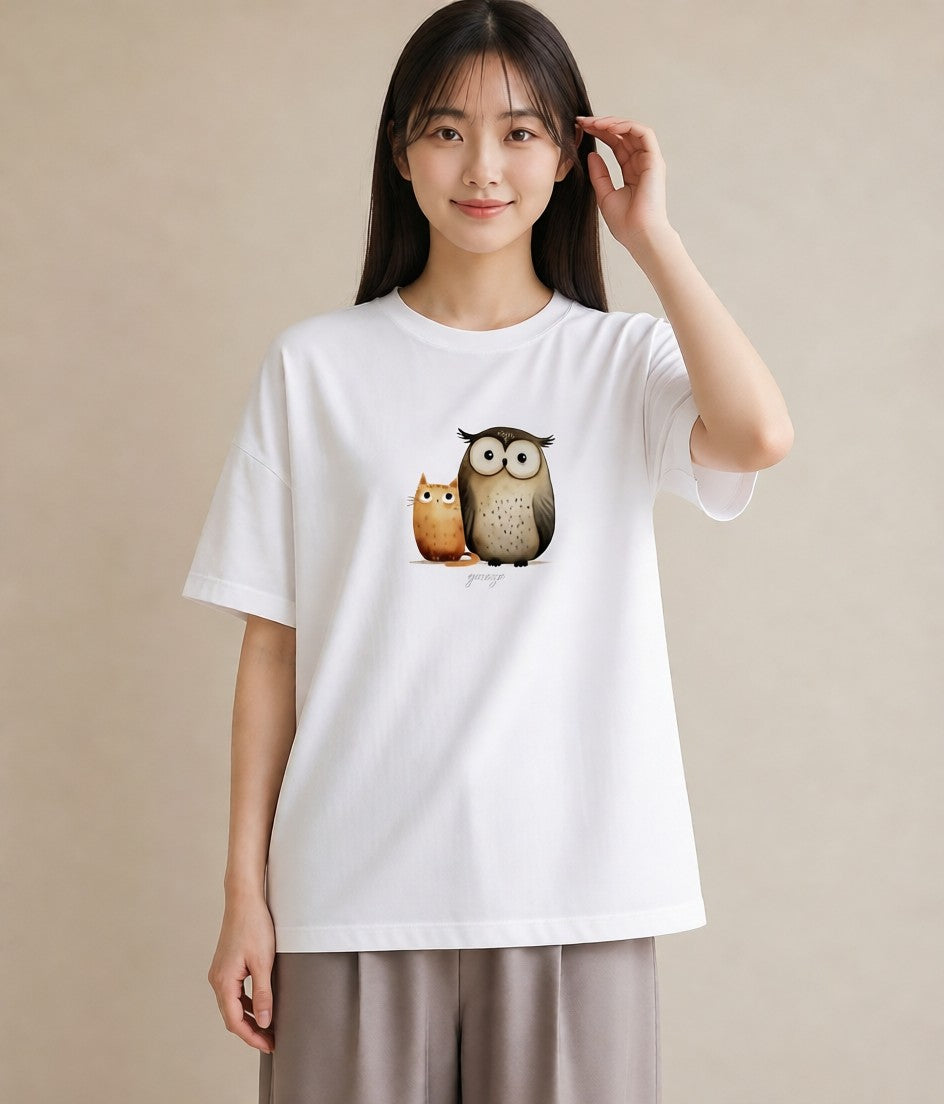 プリントTシャツ レディース シロフクロウ 動物 アニマル イラスト レトロ 姉妹 送別ギフト 白T YMAZO