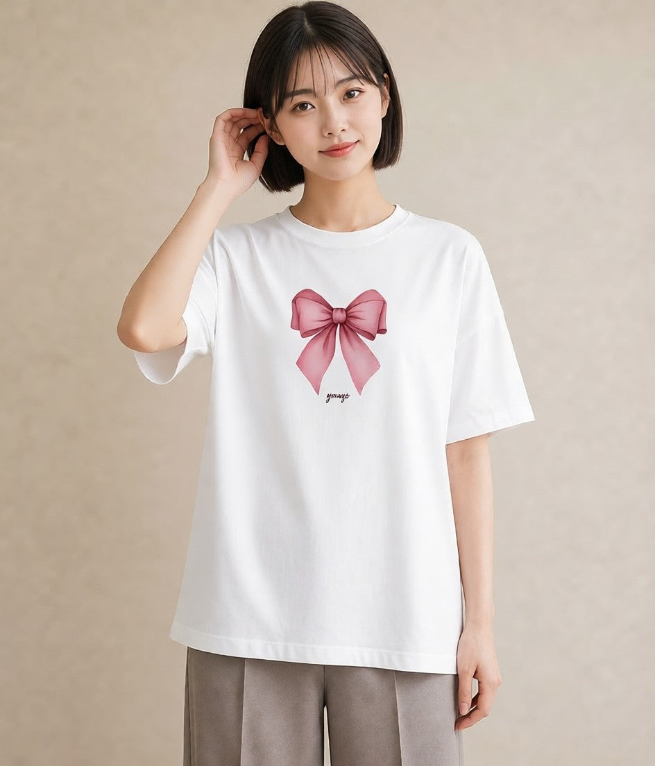 グラフィックTシャツ レディース リボン 蝶結び ナチュラル アンティーク イラスト ラフ 通学 誕生日プレゼント 白T YMAZO