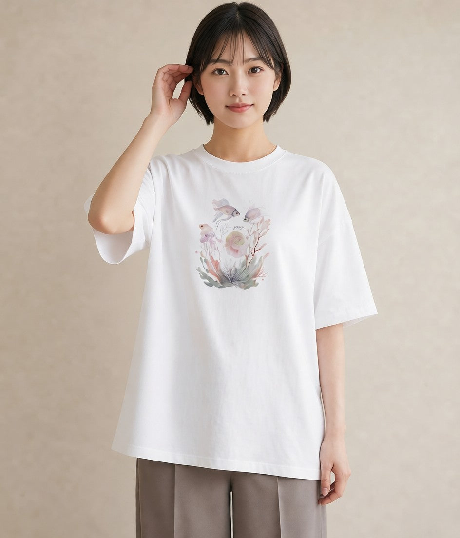 Tシャツ レディース くらげ クラゲ 海の生き物 海 イラスト こなれ感 週末コーデ 敬老の日 白T YMAZO