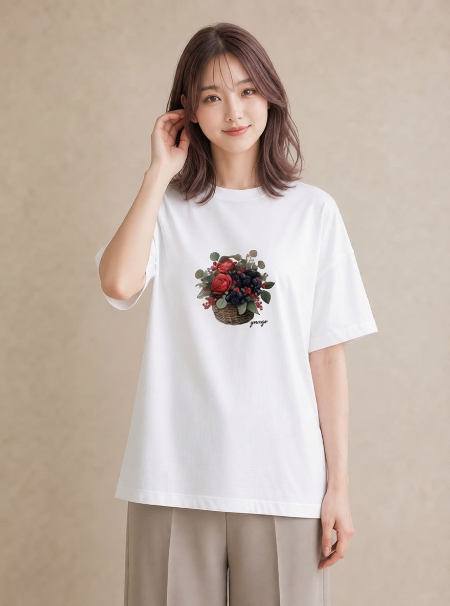 Tシャツ レディース 木の実 植物 ボタニカル イラスト ゆるかわ 誕生日プレゼント 綿100 白T YMAZO