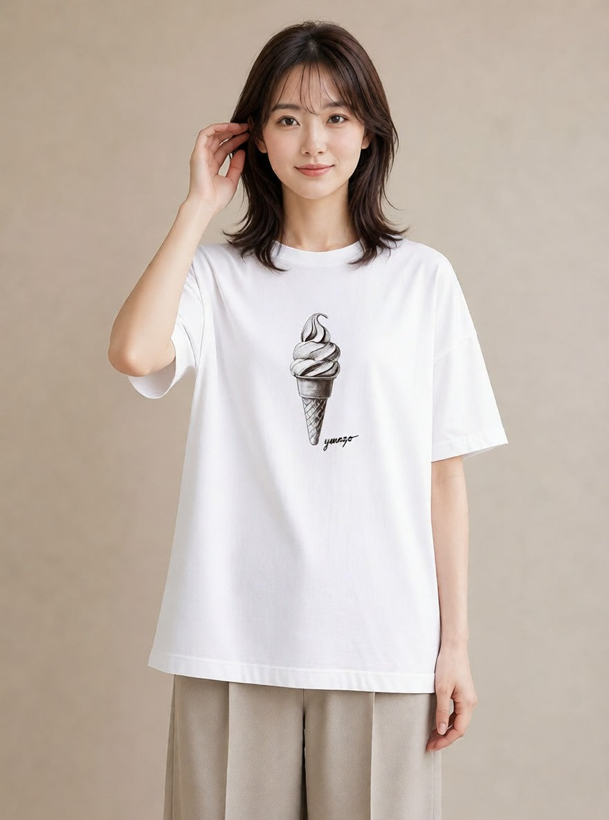 Tシャツ レディース ソフトクリーム 食べ物 フード イラスト カジュアル 公園 ママ 白T YMAZO