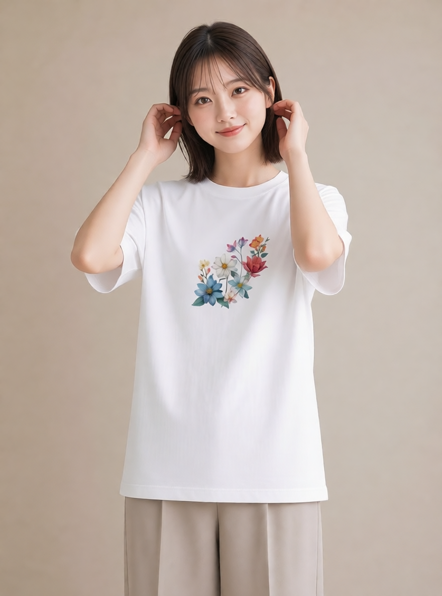 デザインTシャツ レディース コスモス 秋桜 花 花柄 イラスト 休日コーデ 自分用 ルームウェア 白T