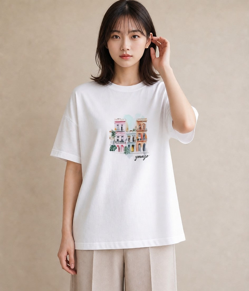 グラフィックTシャツ レディース 夕暮れ バルコニー 夕焼け ナチュラル アンティーク イラスト 上品 女子会 お揃い 白T YMAZO