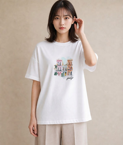 グラフィックTシャツ レディース 夕暮れ バルコニー 夕焼け ナチュラル アンティーク イラスト 上品 女子会 お揃い 白T YMAZO