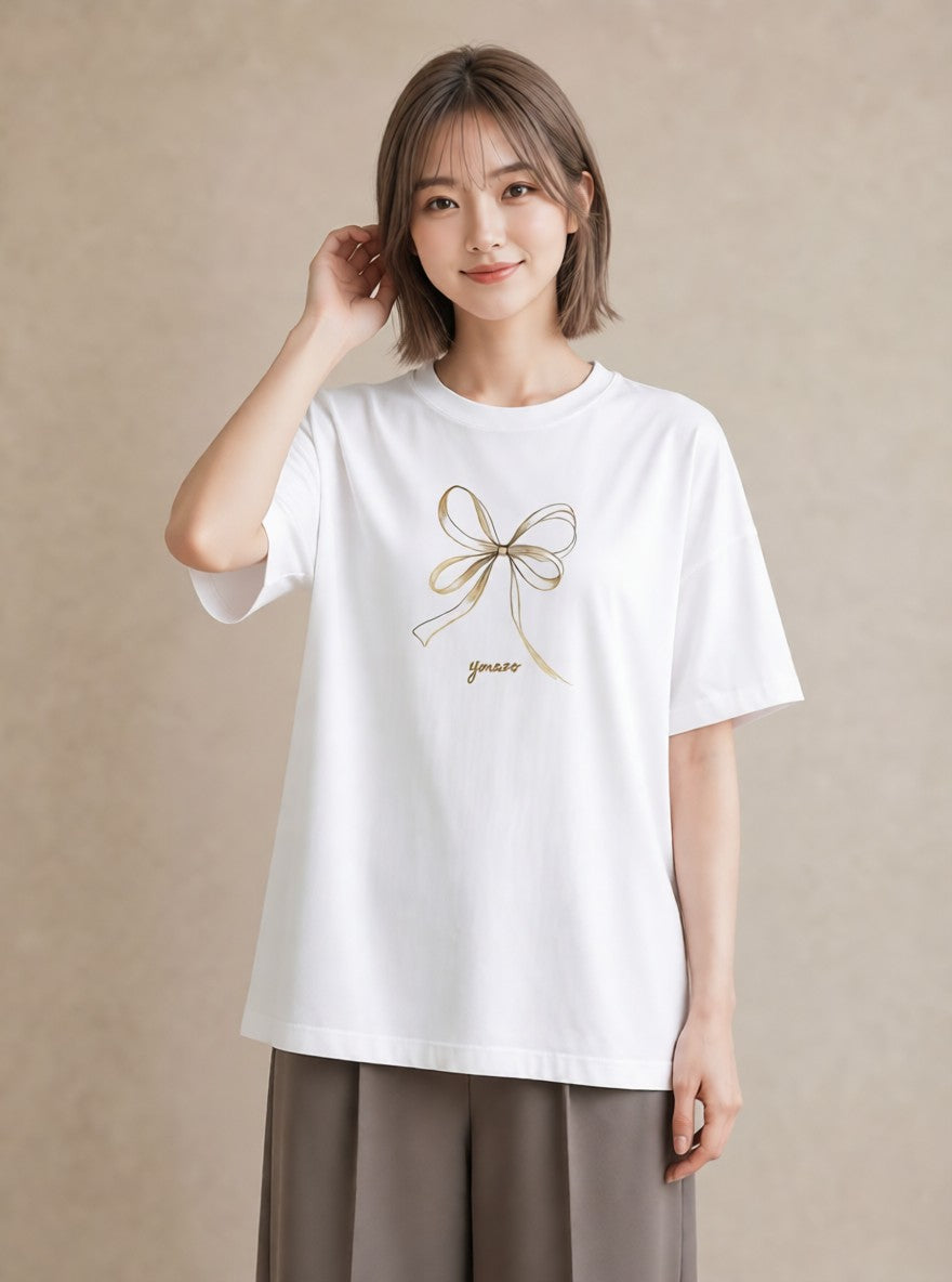 プリントTシャツ レディース リボン ボウ りぼん イラスト 旅行コーデ 女子会 お揃い 白T YMAZO