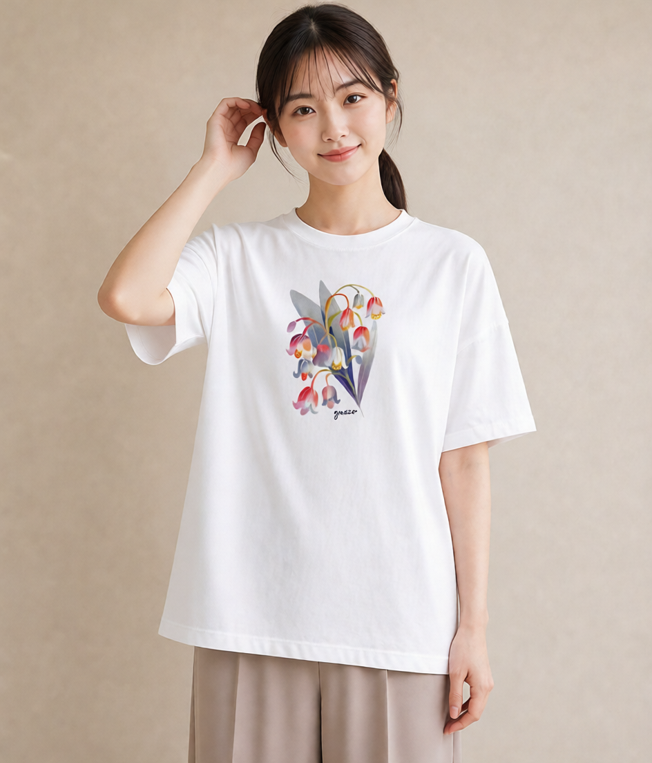 Tシャツ レディース すずらん 花 花柄 イラスト 線画 カフェ服 クリスマス 白T YMAZO