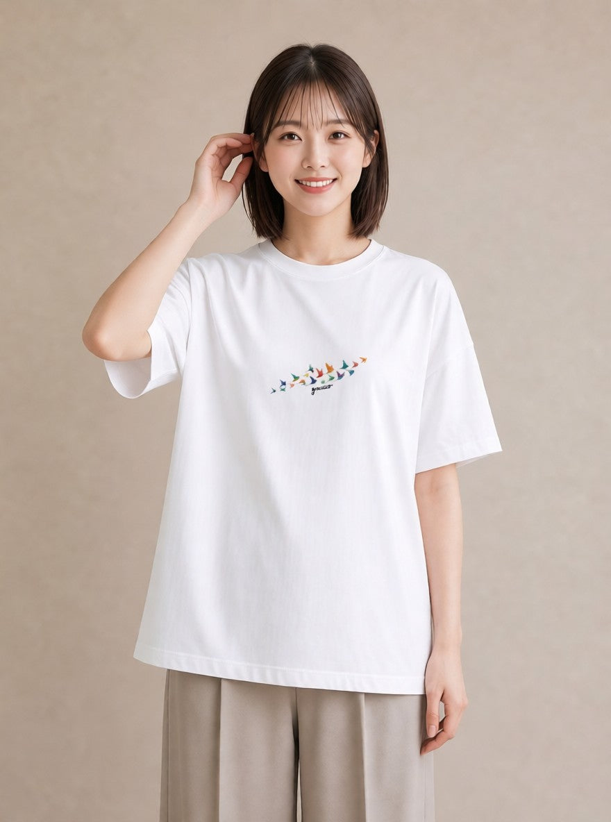 半袖Tシャツ レディース 折り鶴 折り紙 ナチュラル アンティーク イラスト 可愛い クリスマス 旅行 白T YMAZO
