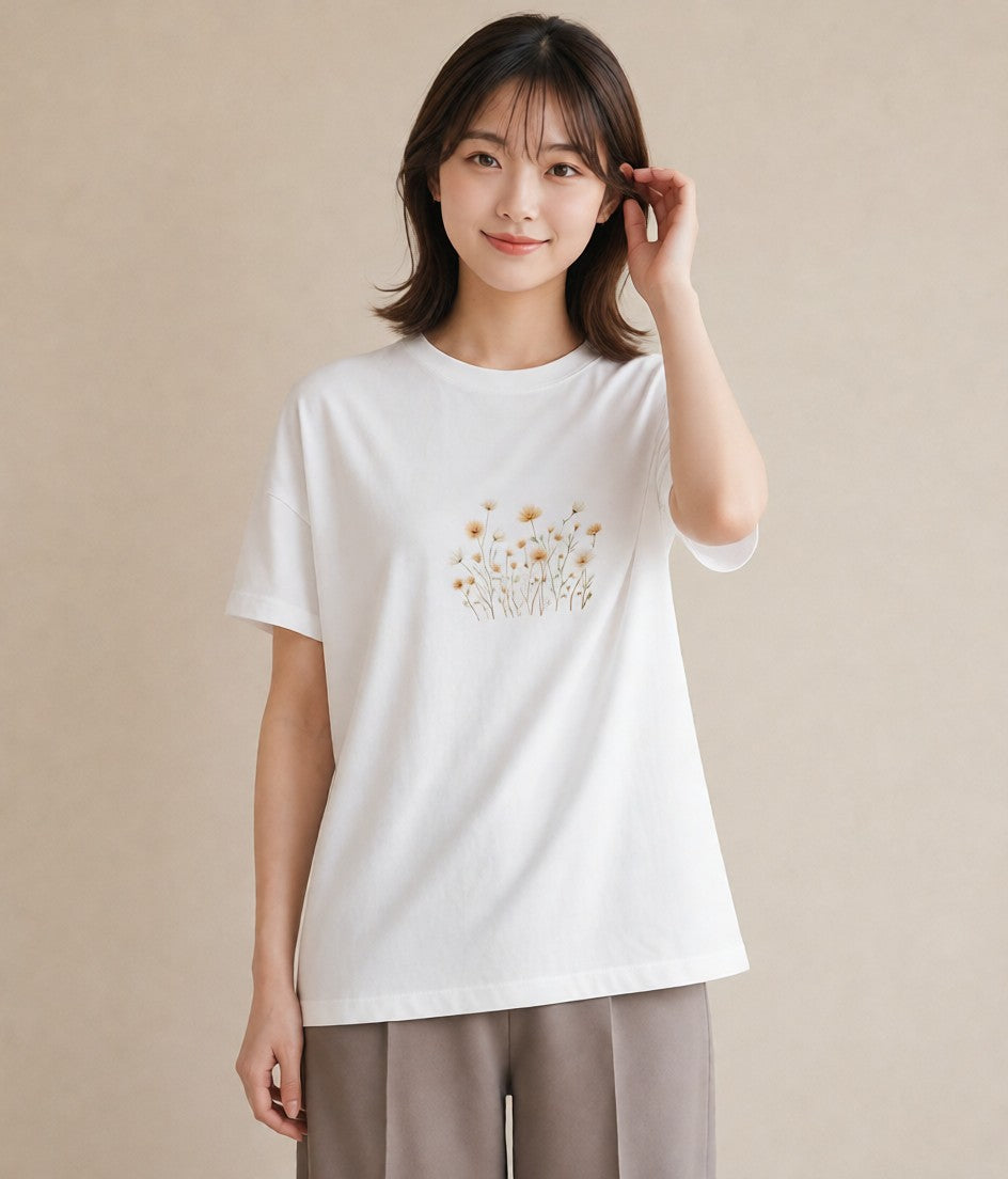 半袖Tシャツ レディース デイジー 花 花柄 イラスト ラフ レイヤード 白T YMAZO