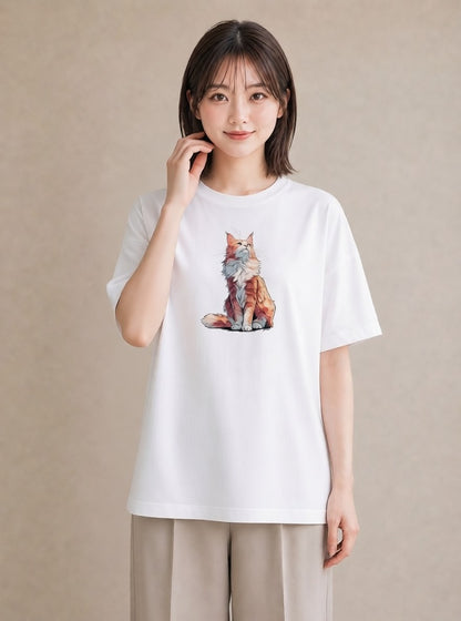 半袖Tシャツ レディース メインクーン 猫 ねこ イラスト ナチュラル 自分用 ルームウェア 白T YMAZO
