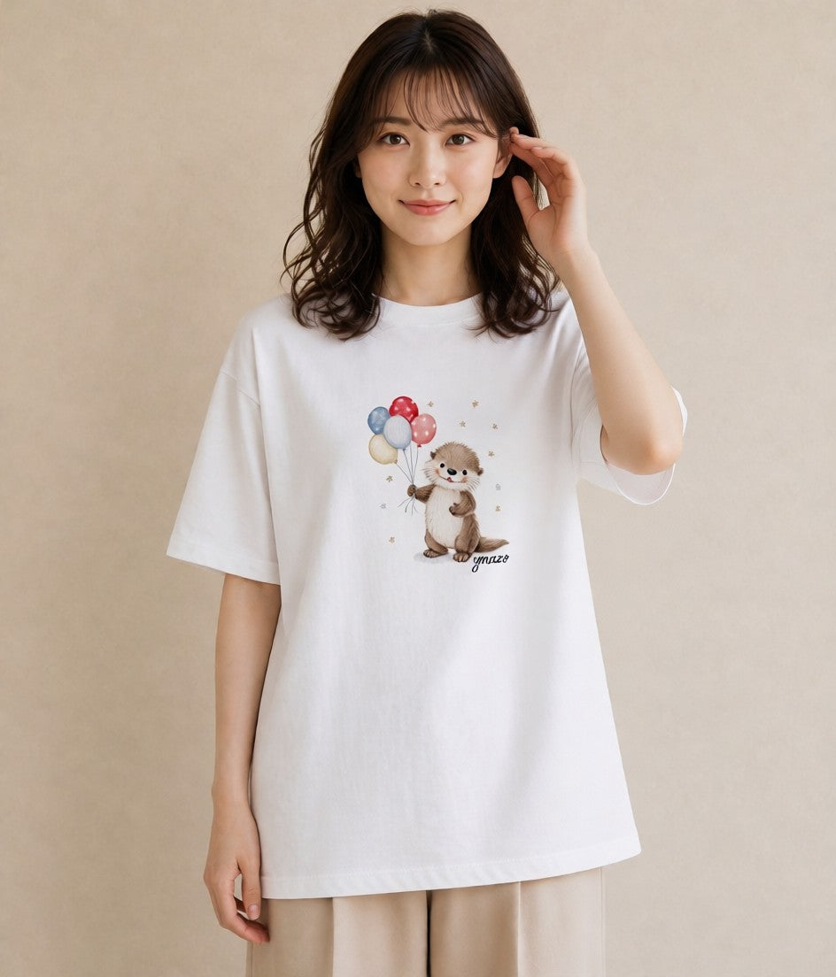 デザインTシャツ レディース ラッコ 動物 アニマル イラスト 線画 買い物 夏コーデ 白T YMAZO
