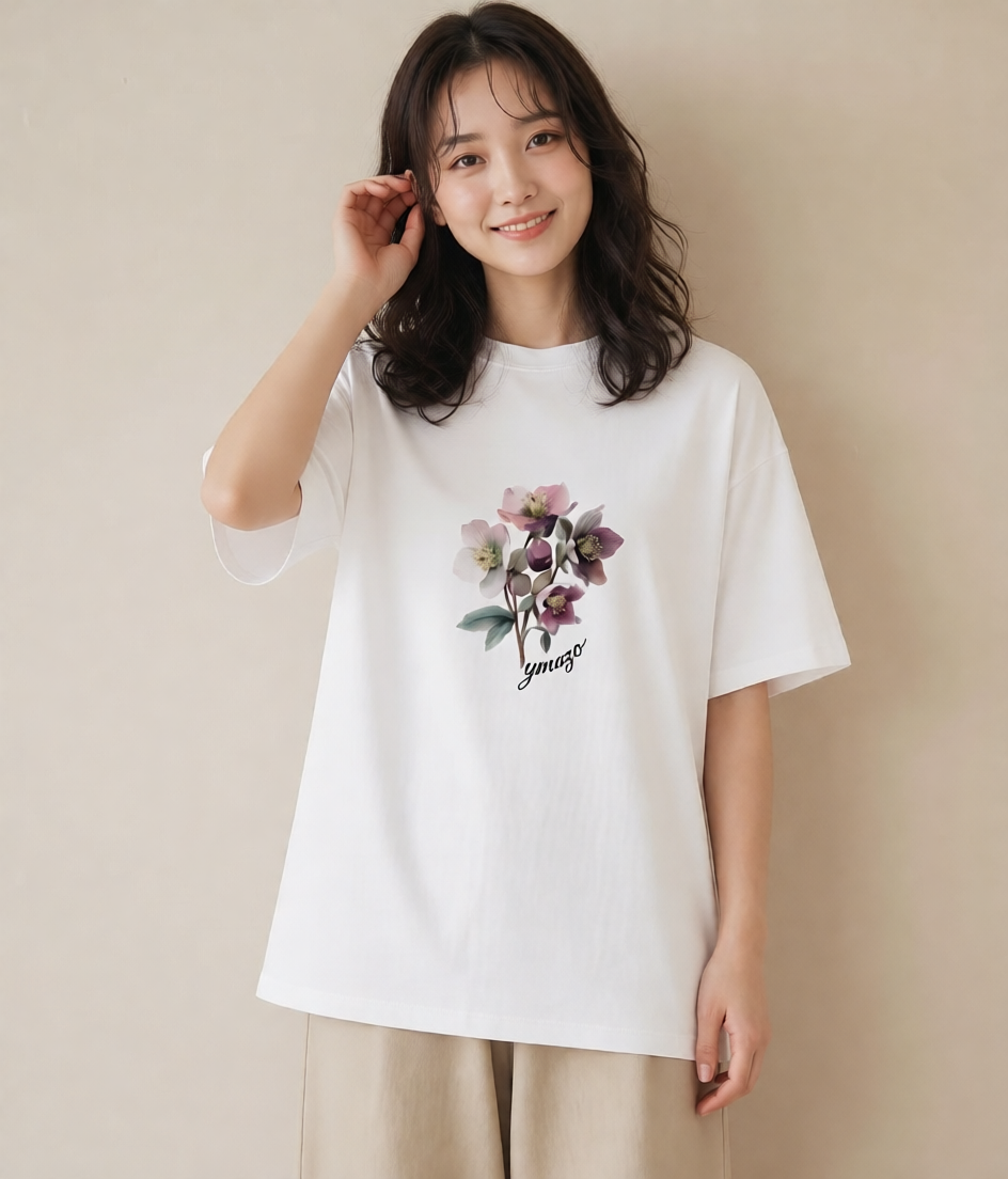 グラフィックTシャツ レディース パンジー 花 花柄 イラスト ナチュラル ペアコーデ 秋コーデ 白T