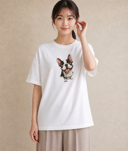 プリントTシャツ レディース フレンチブルドッグ フレブル 犬 いぬ イラスト 上品 ラフ レイヤード 白T YMAZO