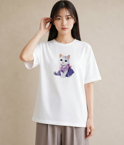 Tシャツ レディース 白猫 猫 ねこ イラスト 普段使い 敬老の日 ホワイトデー 白T YMAZO