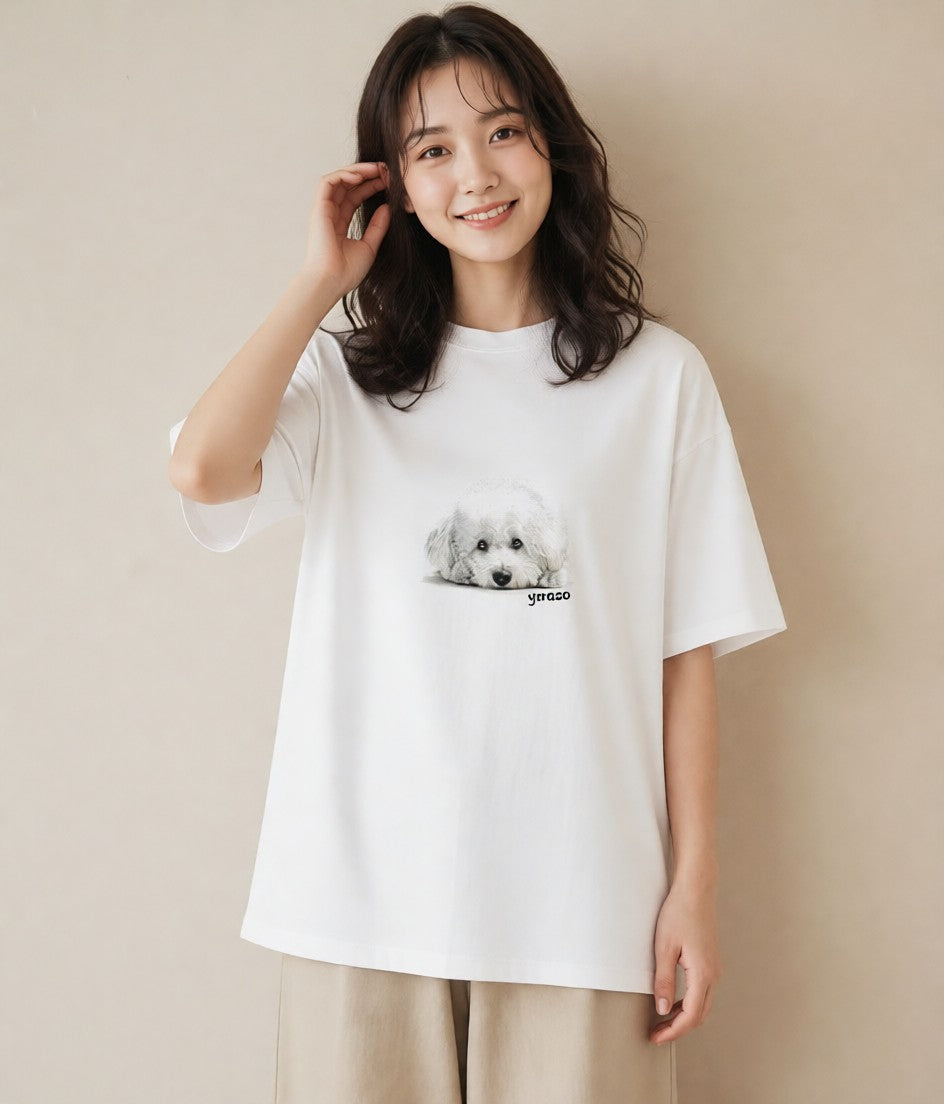 プリントTシャツ レディース ビションフリーゼ 犬 いぬ イラスト 手描き風 お揃い 親子 白T YMAZO