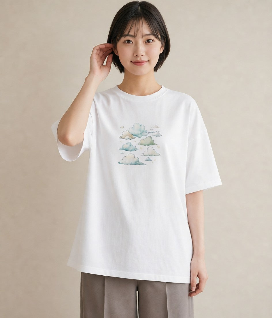 グラフィックTシャツ レディース 雲 星空 宇宙 イラスト ヴィンテージ風 部屋着 女性向けギフト 白T YMAZO
