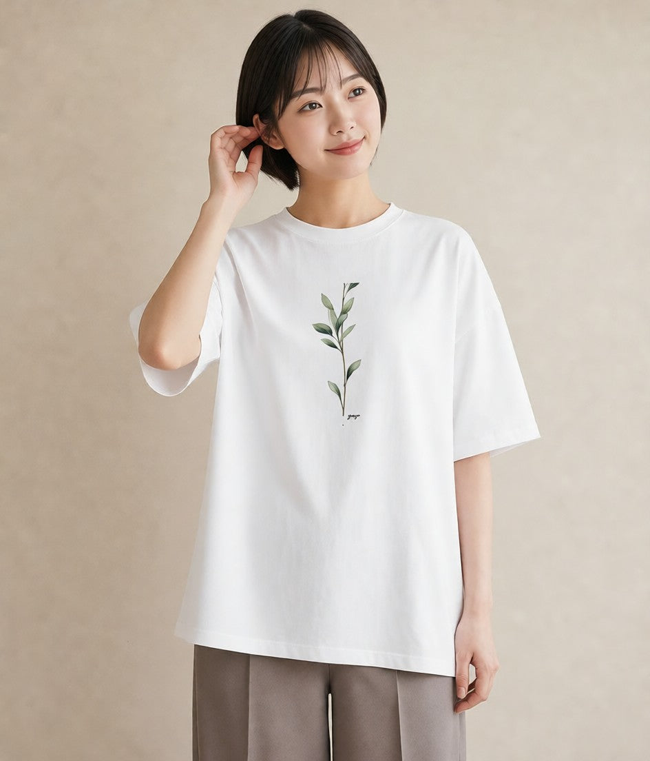 グラフィックTシャツ レディース ガラス瓶 小枝 ボタニカル ナチュラル アンティーク イラスト 手描き風 ママ カフェ服 白T YMAZO
