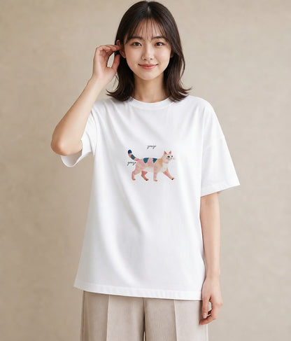 Tシャツ レディース 猫 ねこ イラスト カフェコーデ 女性 旅行用 白T YMAZO