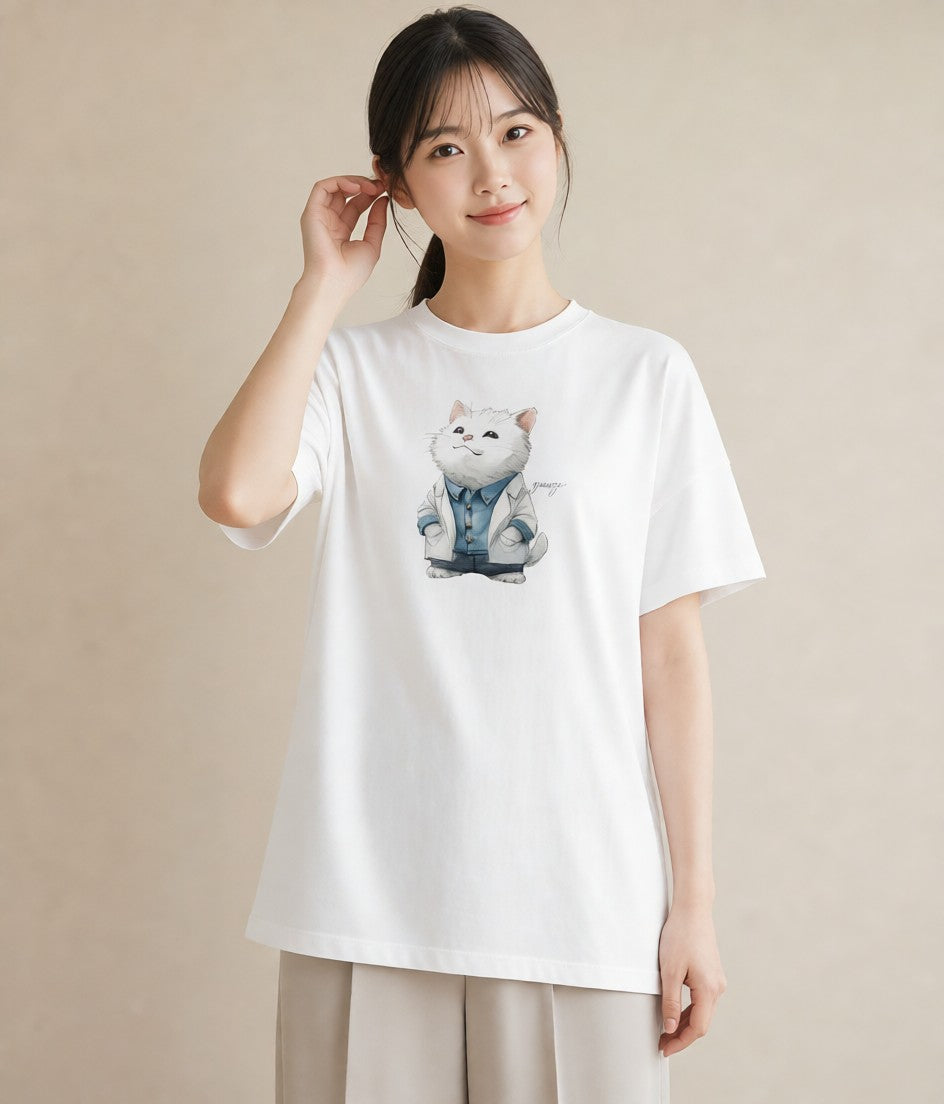グラフィックTシャツ レディース サバトラ 猫 ねこ イラスト フェミニン デイリーウェア 休日 白T YMAZO