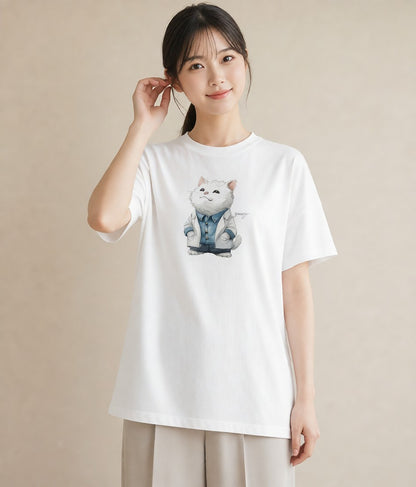 グラフィックTシャツ レディース サバトラ 猫 ねこ イラスト フェミニン デイリーウェア 休日 白T YMAZO