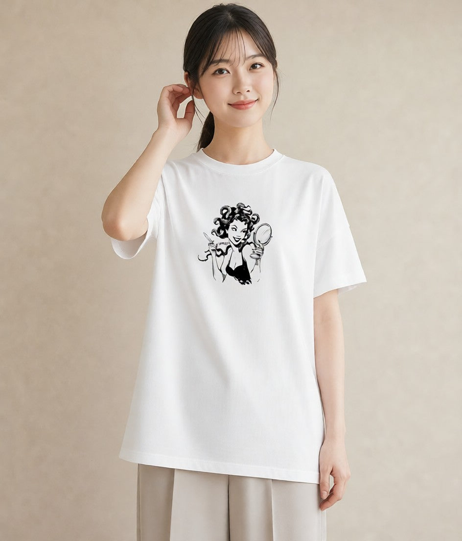Tシャツ レディース 手鏡 アンティーク レトロ ナチュラル イラスト 北欧風 帰省 ラフ 白T YMAZO