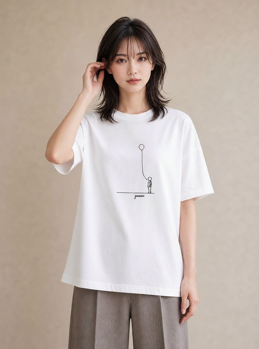 デザインTシャツ レディース 紙風船 和紙 ナチュラル アンティーク イラスト 韓国風 ラフ レイヤード 白T YMAZO