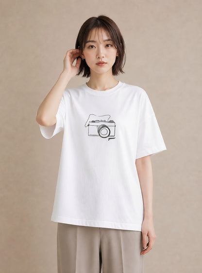 グラフィックTシャツ レディース カメラ フィルムカメラ レトロカメラ イラスト 誕生日プレゼント 綿100 白T YMAZO