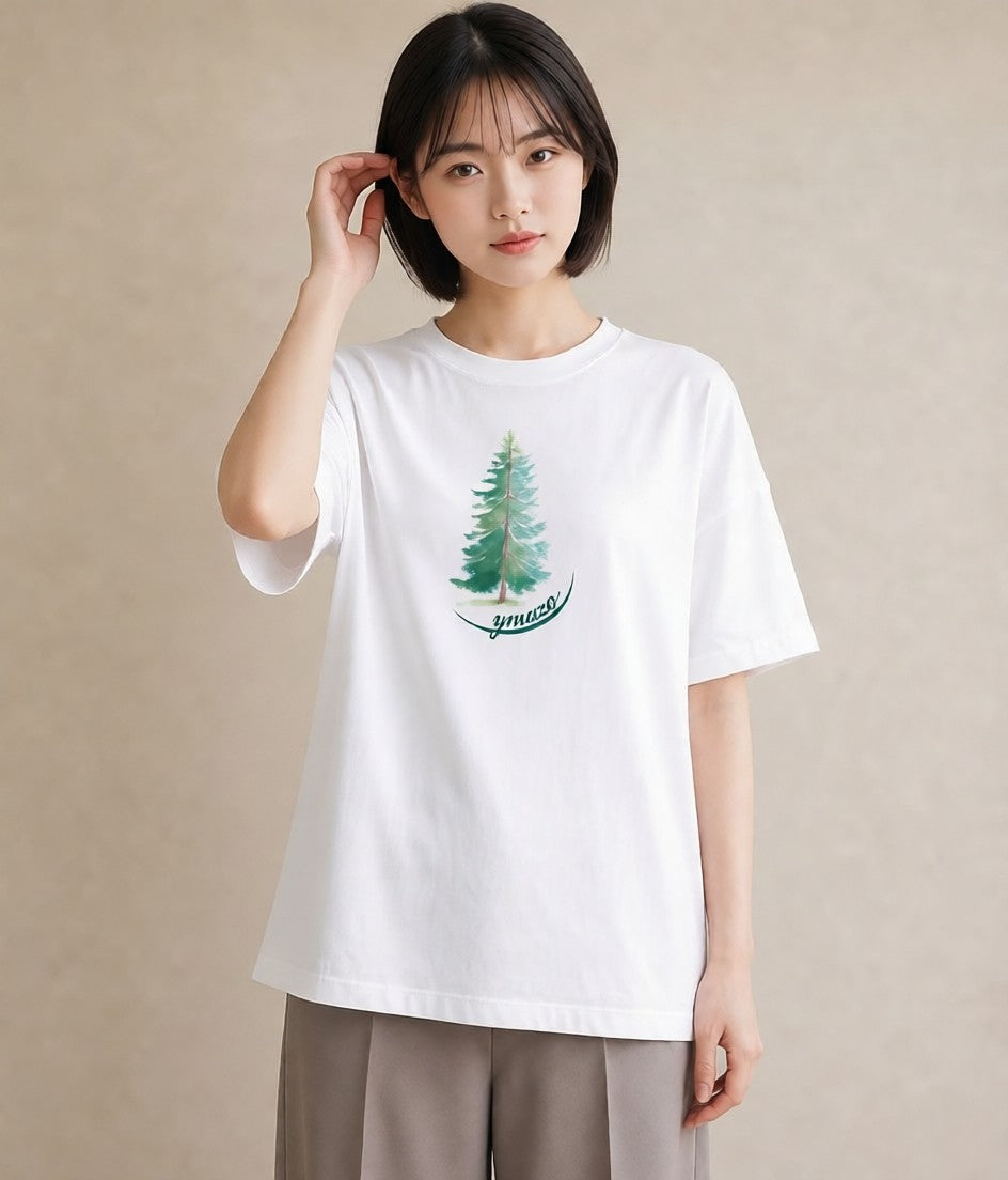 半袖Tシャツ レディース 青の水彩 風景 ブルー ナチュラル アンティーク イラスト きれいめカジュアル ラフ レイヤード 白T YMAZO