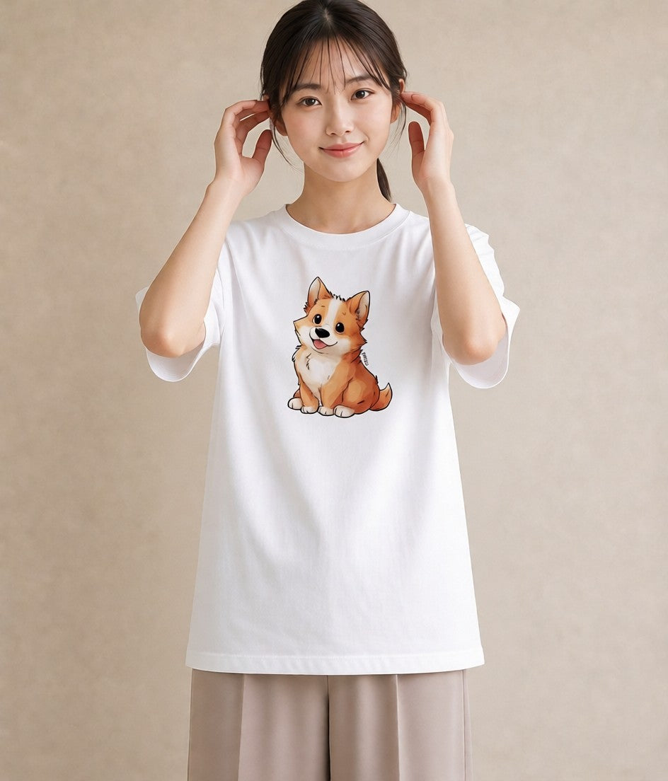 デザインTシャツ レディース ウェルシュコーギー コーギー 犬 いぬ イラスト レトロ 普段着 週末コーデ 白T YMAZO