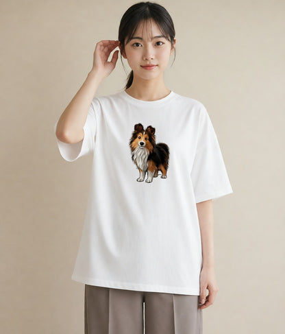 Tシャツ レディース シェットランドシープドッグ 犬 いぬ イラスト 可愛い 公園 ママ 白T YMAZO