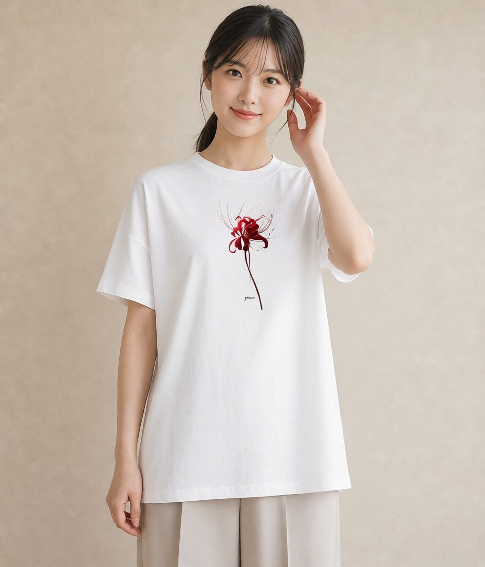 半袖Tシャツ レディース 彼岸花 花 花柄 イラスト カフェコーデ 綿100 デート 白T YMAZO