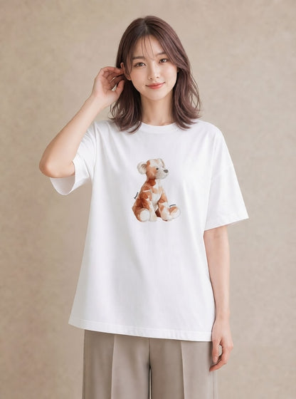 Tシャツ レディース わんちゃん 犬 いぬ イラスト 上品 普段着 週末コーデ 白T YMAZO