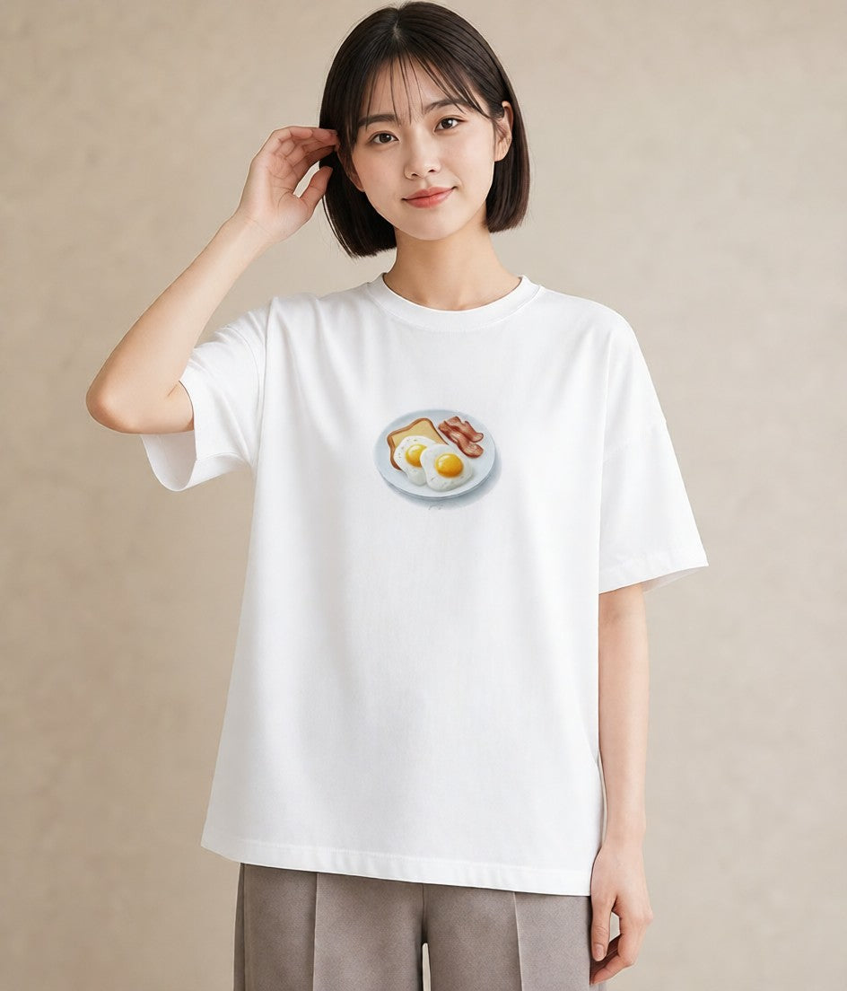 プリントTシャツ レディース たまご 食べ物 フード イラスト 線画 旅行用 海 白T YMAZO