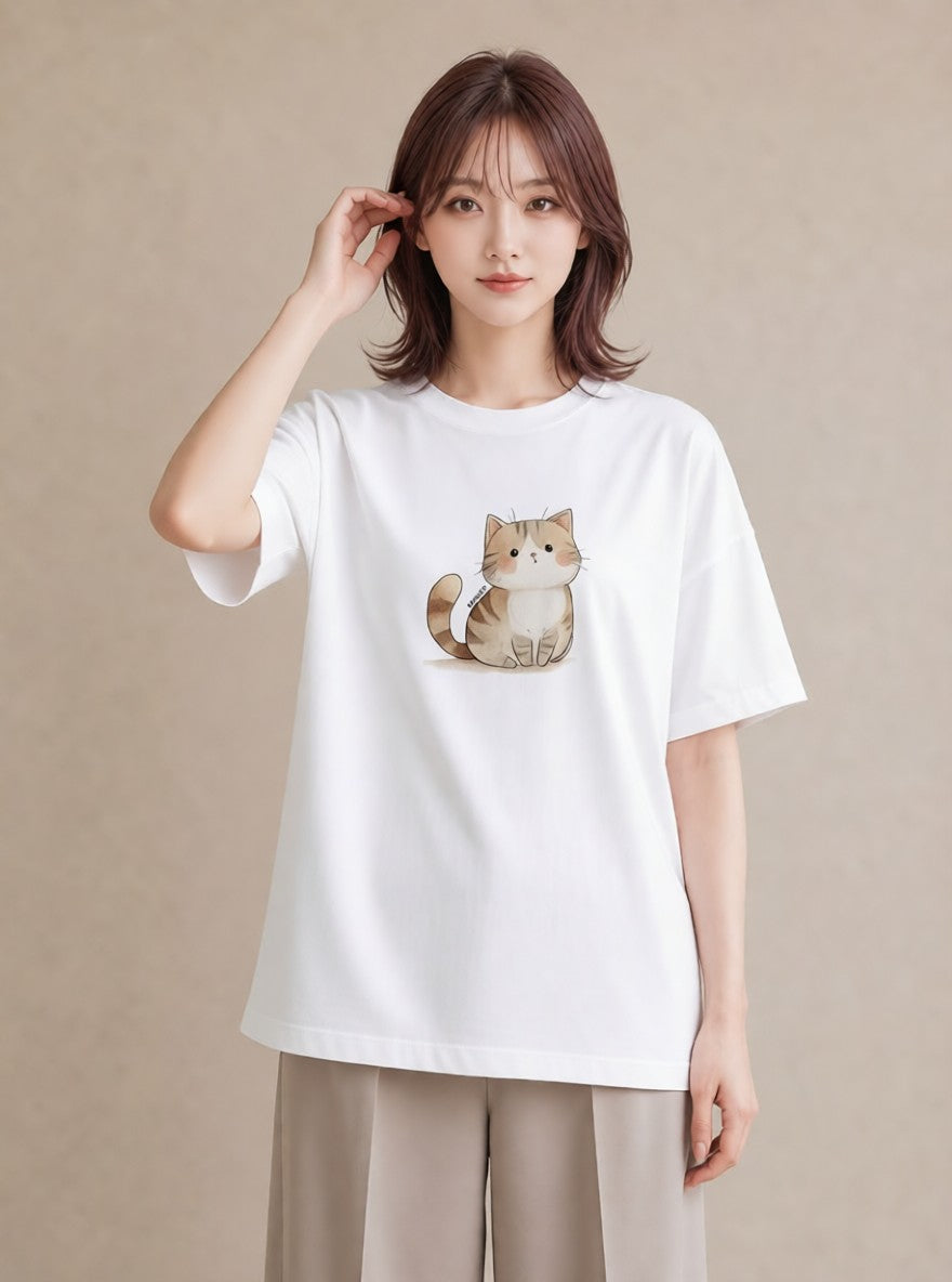 プリントTシャツ レディース 猫好き 猫 ねこ イラスト ニュアンス 敬老の日 ホワイトデー 白T YMAZO