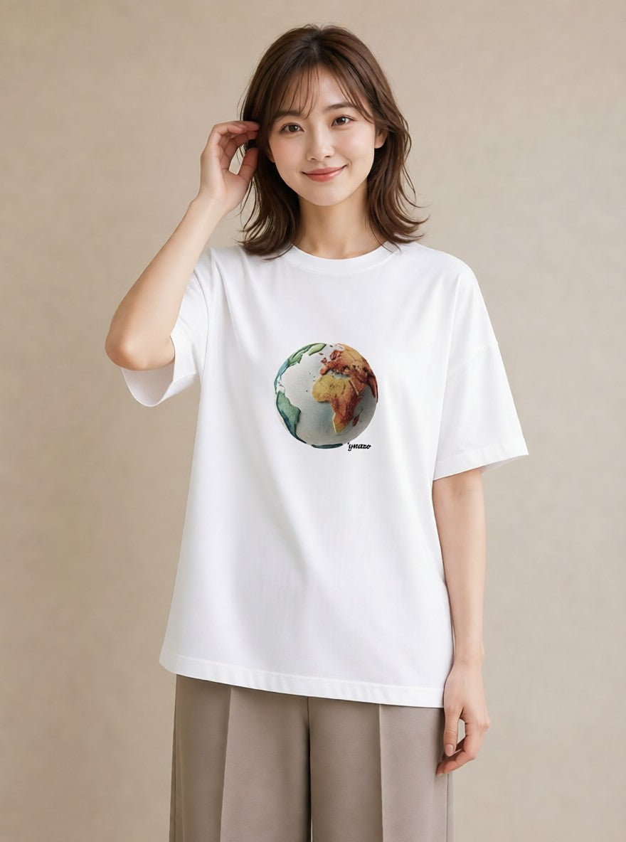 半袖Tシャツ レディース 地球 星空 宇宙 イラスト 北欧風 誕生日プレゼント 綿100 白T YMAZO