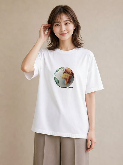 半袖Tシャツ レディース 地球 星空 宇宙 イラスト 北欧風 誕生日プレゼント 綿100 白T YMAZO