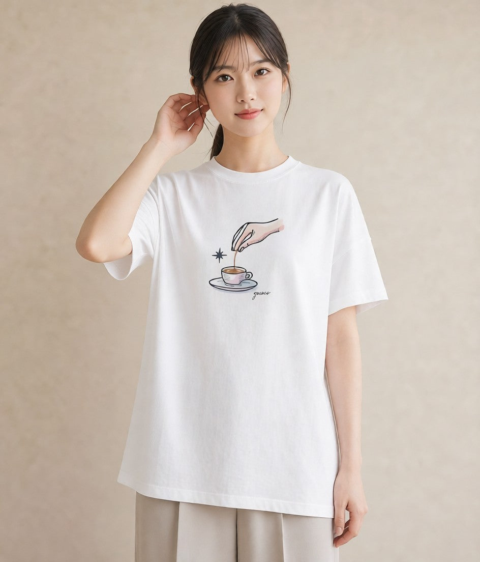 プリントTシャツ レディース コーヒー カフェ 珈琲 イラスト 北欧風 普段着 週末コーデ 白T YMAZO