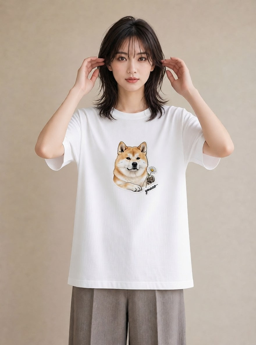半袖Tシャツ レディース 秋田犬 犬 いぬ イラスト 可愛い 春服 ミセス 白T YMAZO