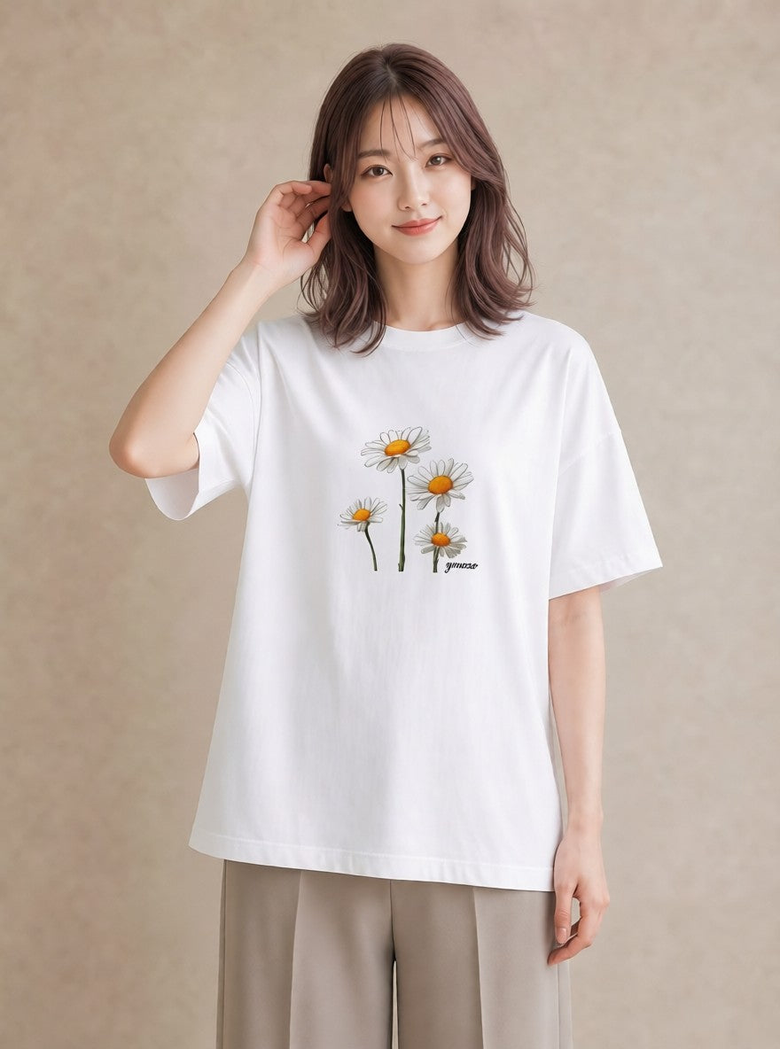 グラフィックTシャツ レディース デイジー 花 花柄 イラスト きれいめ 誕生日プレゼント 綿100 白T YMAZO