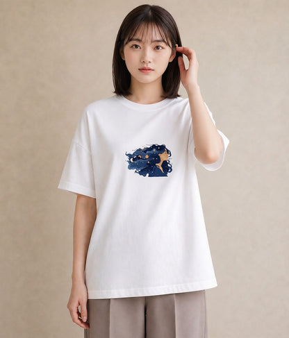 グラフィックTシャツ レディース 魚座 星空 宇宙 イラスト シンプル 通勤 在宅 白T YMAZO
