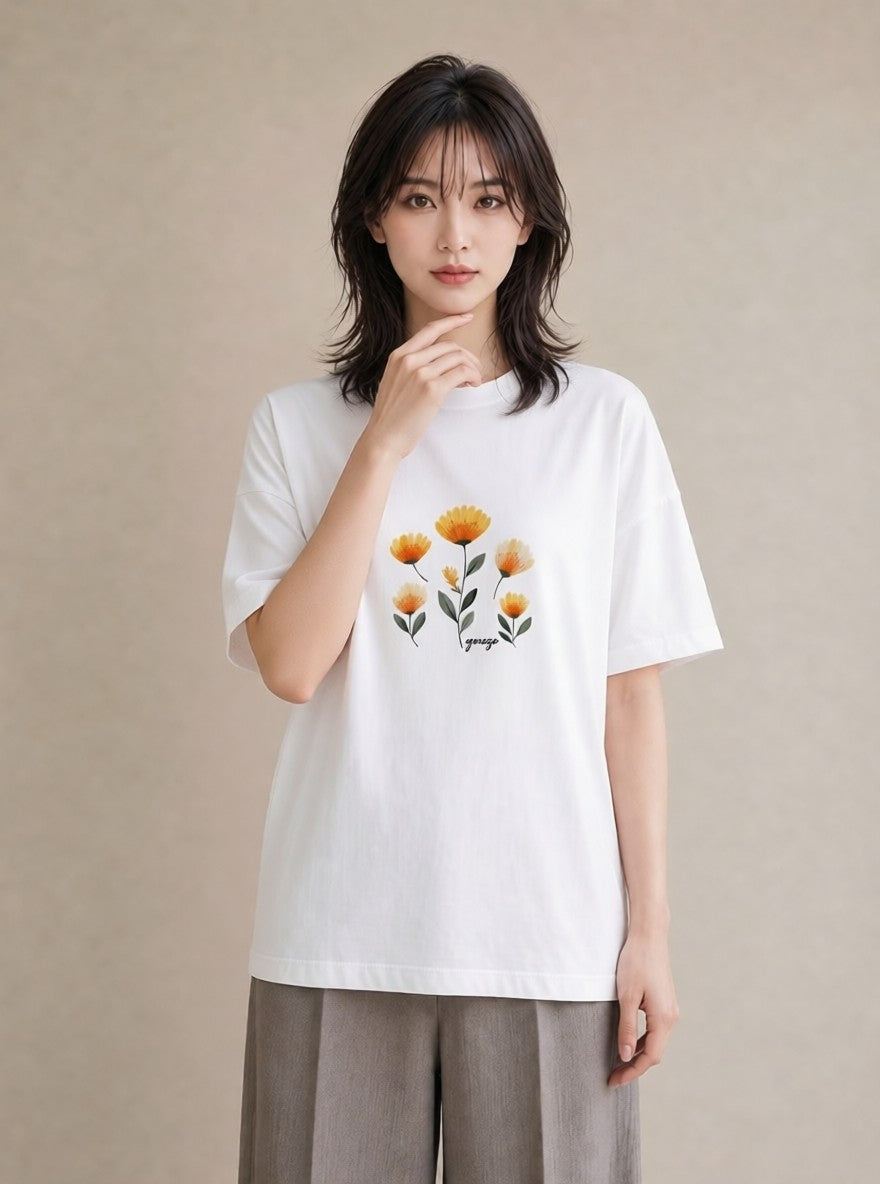 半袖Tシャツ レディース マーガレット 花 花柄 イラスト 淡色 送別ギフト 通勤 白T
