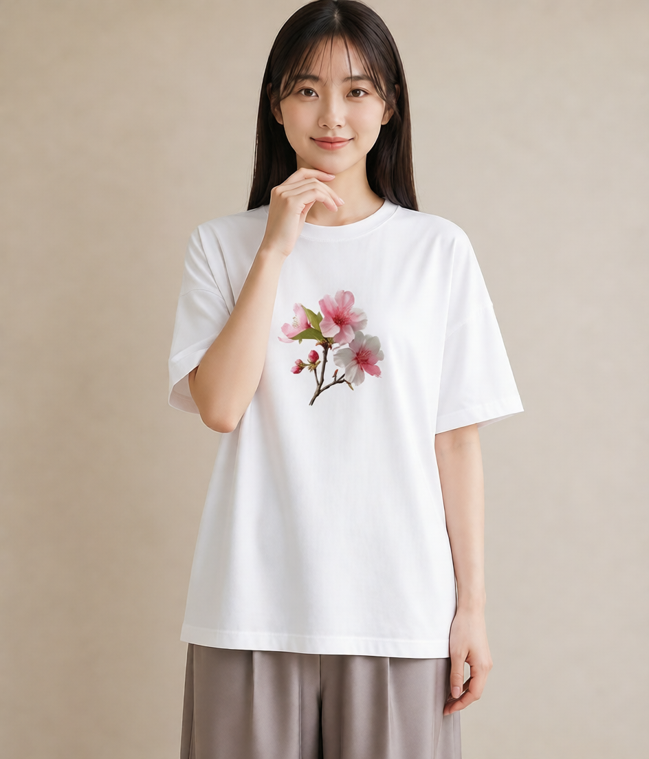 半袖Tシャツ レディース 梅 花 花柄 イラスト きれいめ 週末コーデ 敬老の日 白T