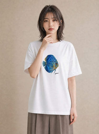 Tシャツ レディース 熱帯魚 ペット 動物 イラスト 上品 ラフ レイヤード 白T YMAZO