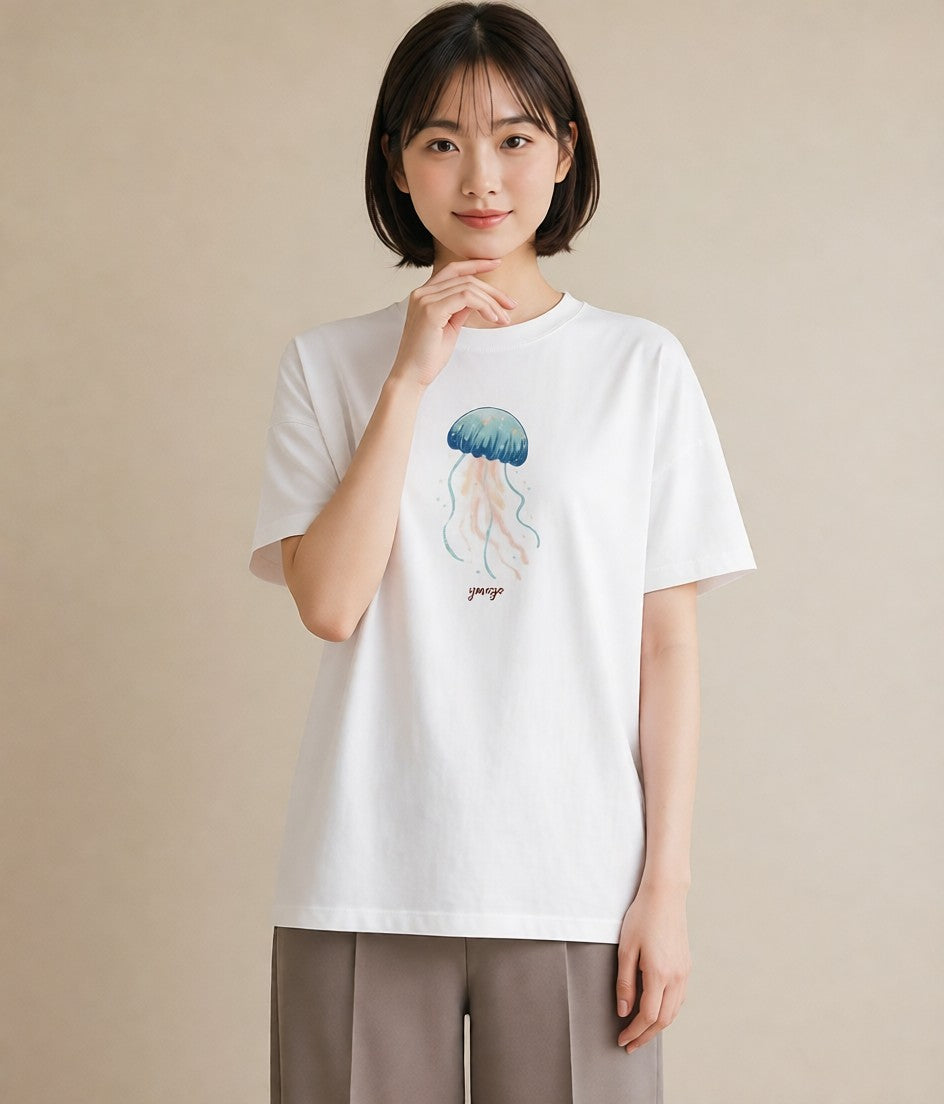 プリントTシャツ レディース くらげ クラゲ 海の生き物 海 イラスト 可愛い 普段着 週末コーデ 白T YMAZO
