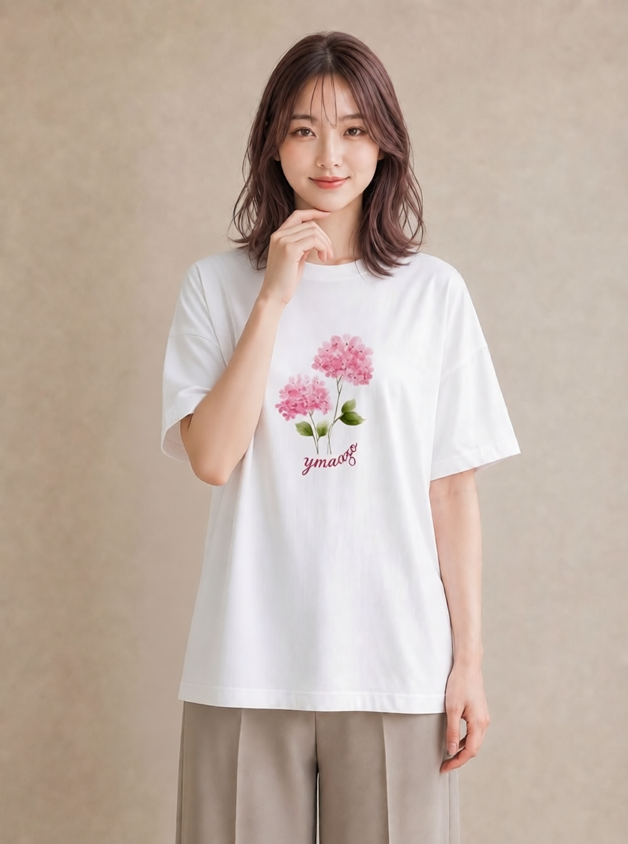 半袖Tシャツ レディース あじさい 紫陽花 アジサイ 花 花柄 イラスト 線画 休日 ペアコーデ 白T
