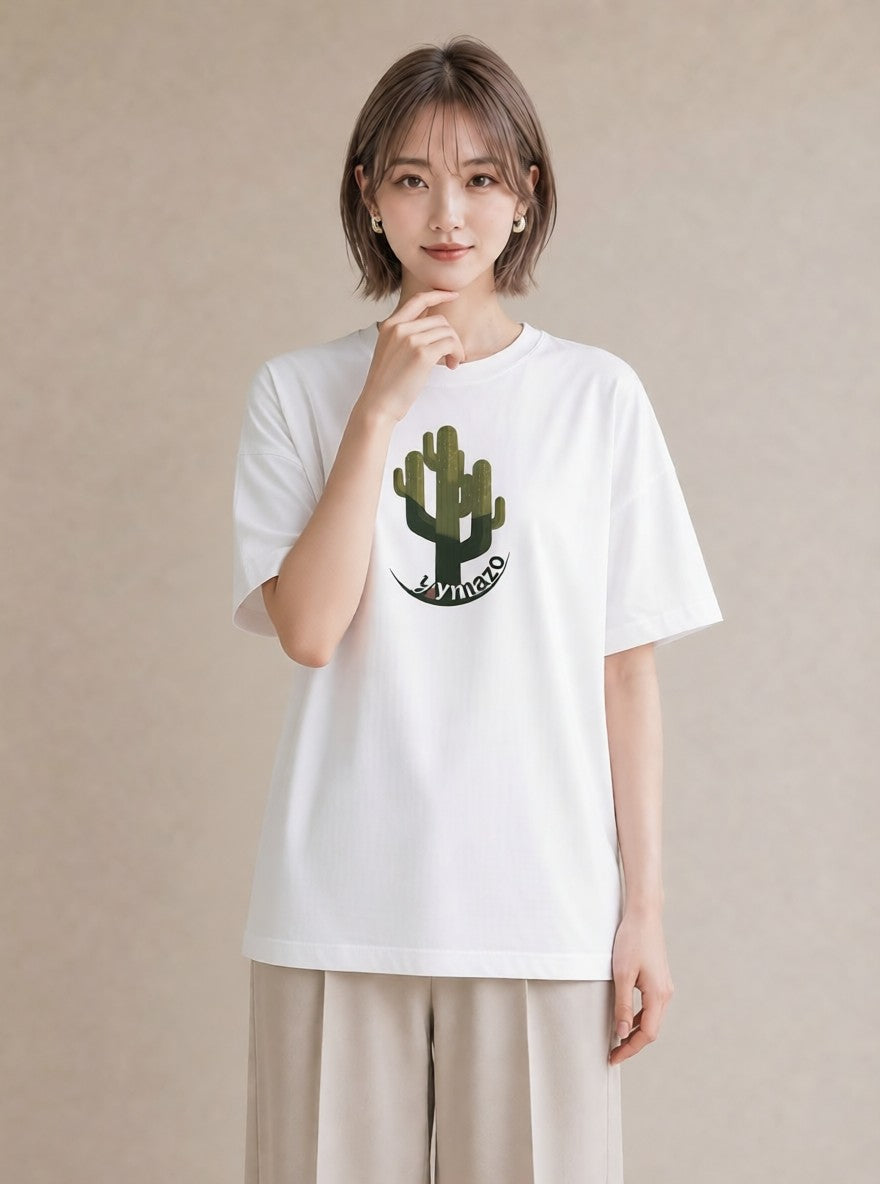 プリントTシャツ レディース サボテン 植物 ボタニカル イラスト ヴィンテージ風 社会人 女性 白T YMAZO
