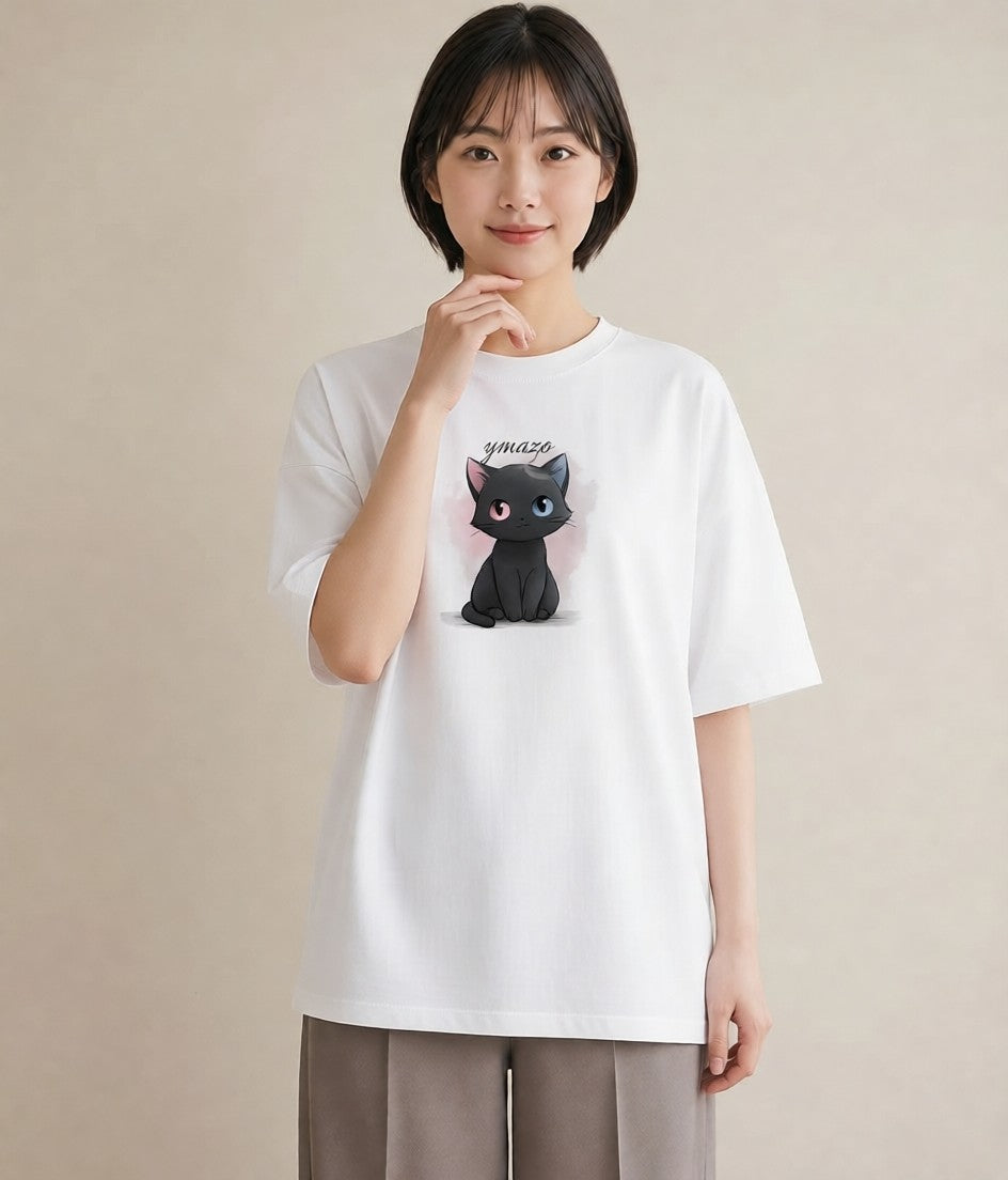 プリントTシャツ レディース 黒猫 猫 ねこ イラスト 手描き風 友達ギフト 部屋着 白T YMAZO