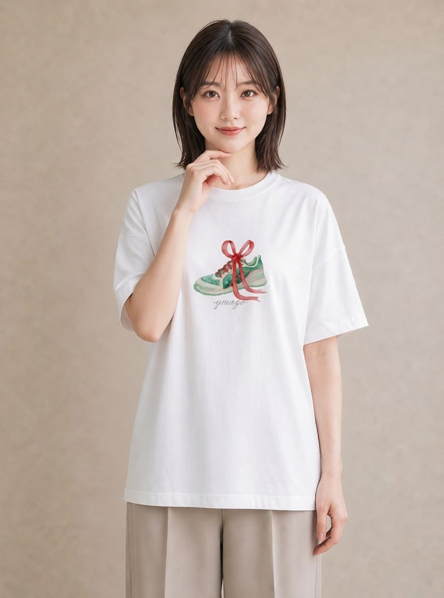 半袖Tシャツ レディース バレエシューズ バレエ トウシューズ ナチュラル アンティーク イラスト ミニマル ホワイトデー 春服 白T YMAZO