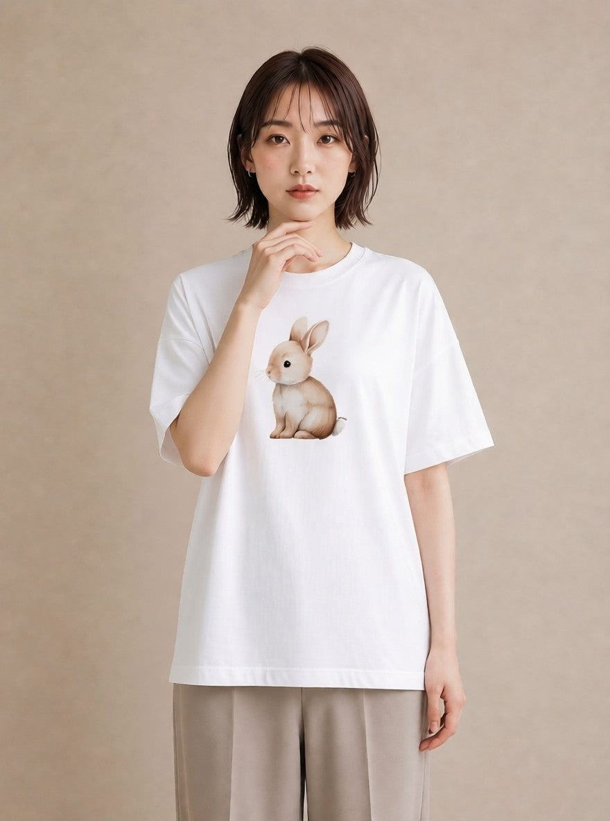 Tシャツ レディース ウサギ系野生 動物 アニマル イラスト きれいめカジュアル ホワイトデー 春服 白T YMAZO