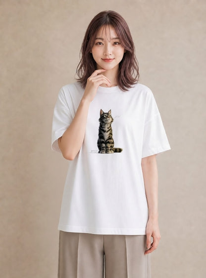 Tシャツ レディース サバトラ 猫 ねこ イラスト ラフ レイヤード 白T YMAZO