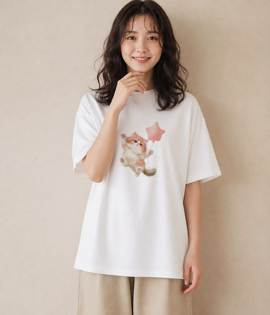 デザインTシャツ レディース ペルシャ 猫 ねこ イラスト カジュアル ビーチ デイリーウェア 白T YMAZO